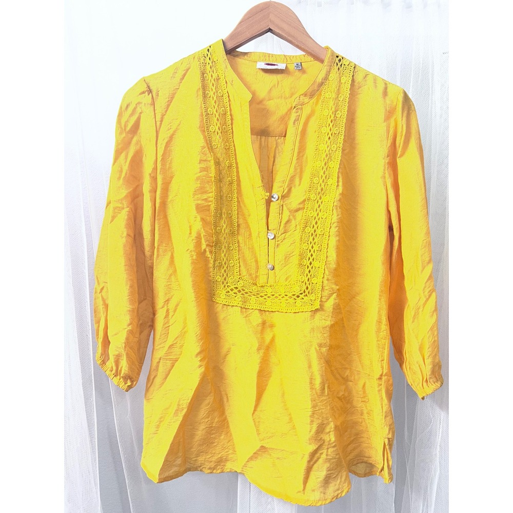 Mille‎ Womens Mustard Yellow Crochet Lace Bib Tunic Blouse 3/4 Sleeve Size M